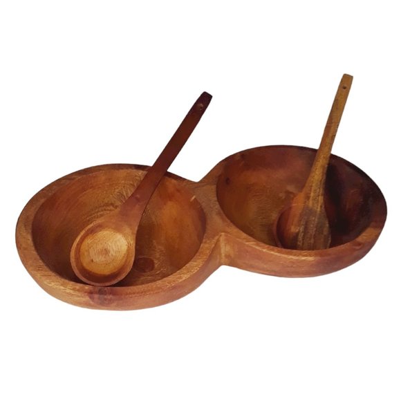 Wooden Condiment Salsa Bowl Double Sided with Two Spoons - Picture 3 of 3